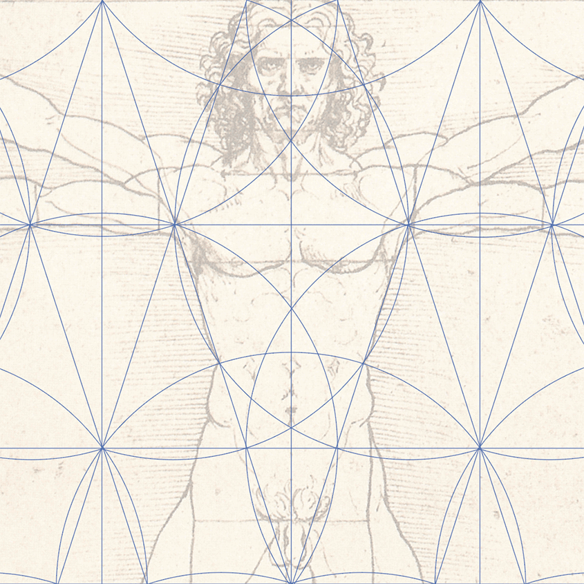 Grid structure designed by Keith Lovell superimposed on a portion of Leonardo da Vinci's drawing "Vitruvian Man" c. 1490